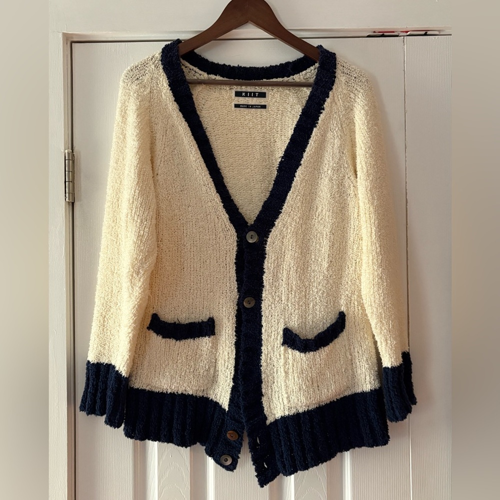 KIIT Cream and Navy Japanese Cardigan Sweater‎ Cotton Blend Size EST. Medium